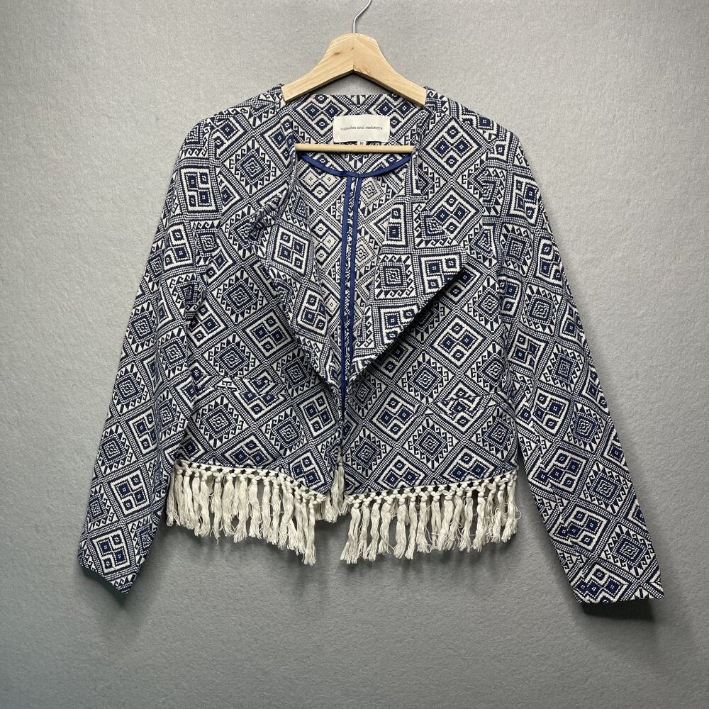 Cupcakes and Cashmere Womens Open Cardigan Jacket M Blue Tasseled Long Sleeve
